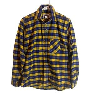 Johnson Woolen Mills Flannel Shirt Boston Plaid Blue Yellow Womens Sz S USA MADE